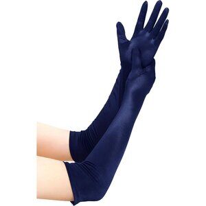 Women's Smooth Navy Blue Long Satin Gloves Elbow Length Party Costume Accessory